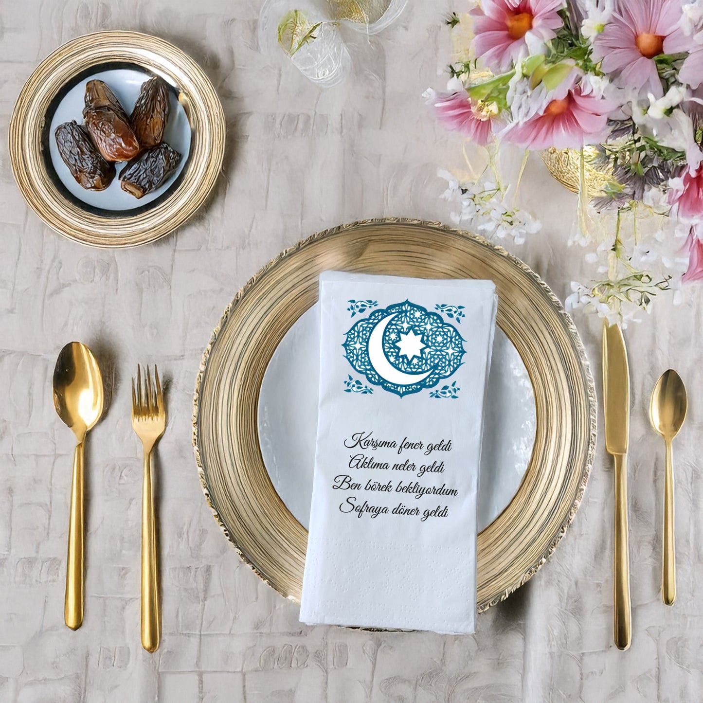 Kidzia Hilal & Camii Silüeti Mandala Ramazan Peçetesi – Mani Yazılı, 33x33 cm Çift Katlı, 20’li Paket