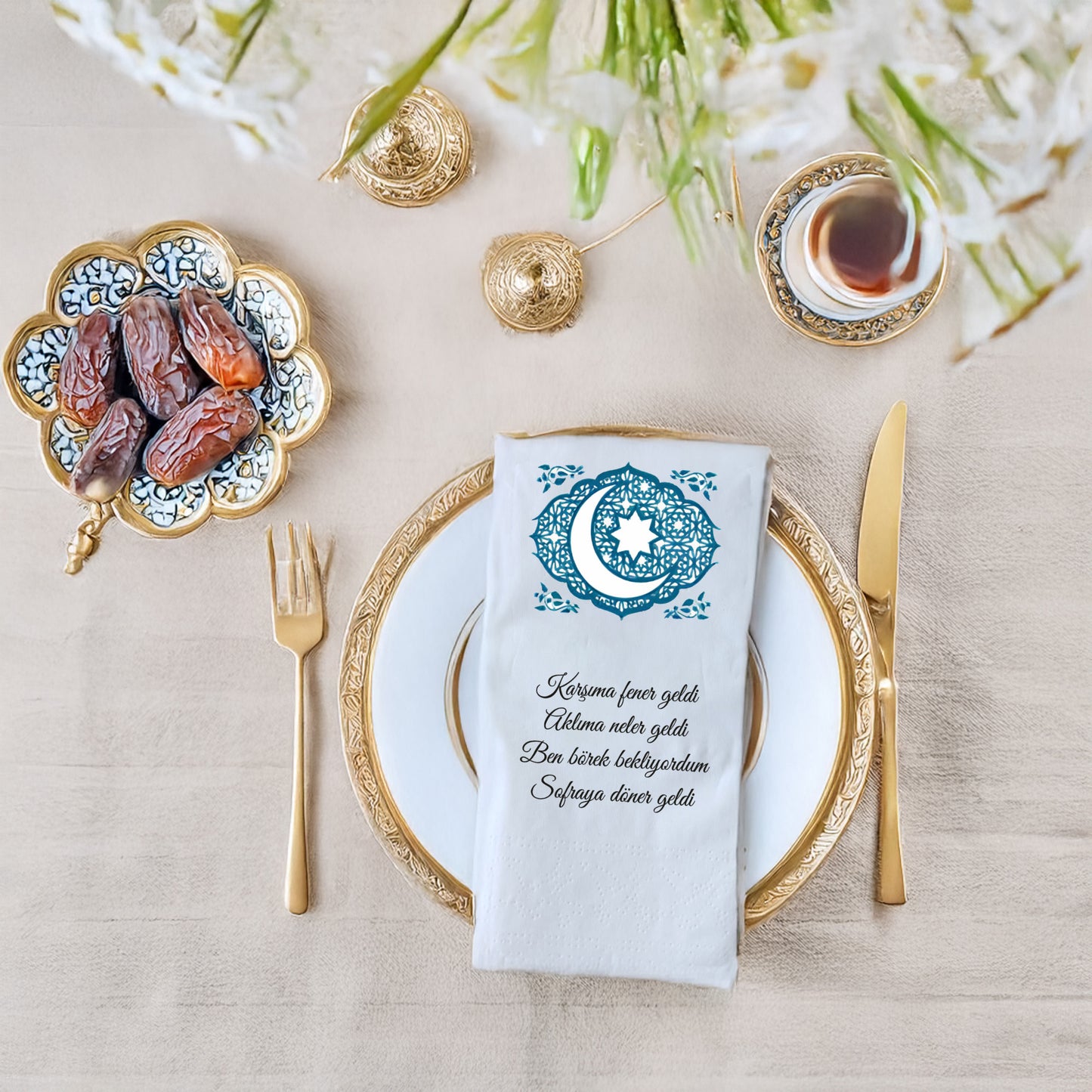 Kidzia Hilal & Camii Silüeti Mandala Ramazan Peçetesi – Mani Yazılı, 33x33 cm Çift Katlı, 20’li Paket