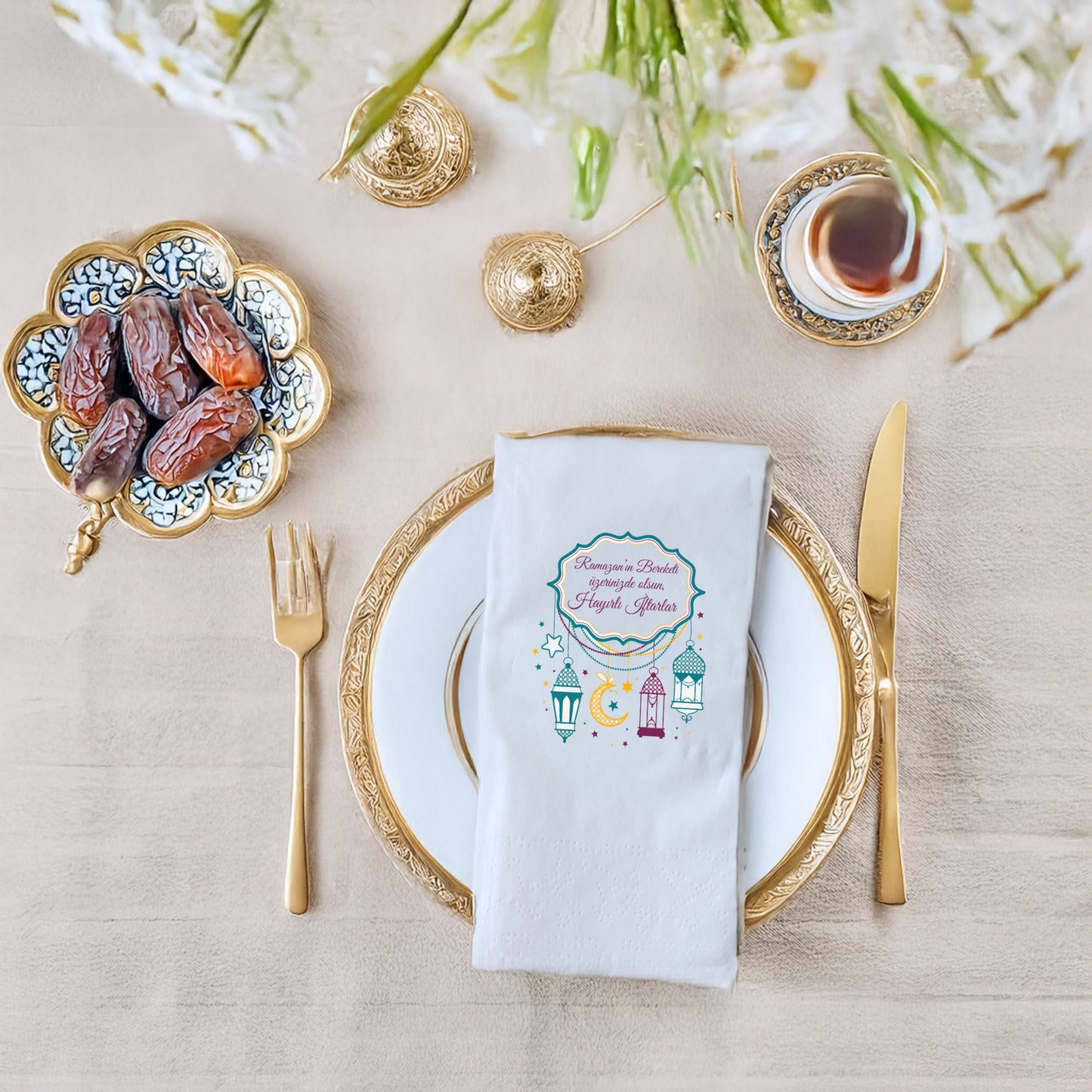 Kidzia Fenerli & Ay-Yıldızlı Çerçeve Ramazan Peçetesi – Yazılı Tasarım, 33x33 cm Çift Katlı, 20’li Paket