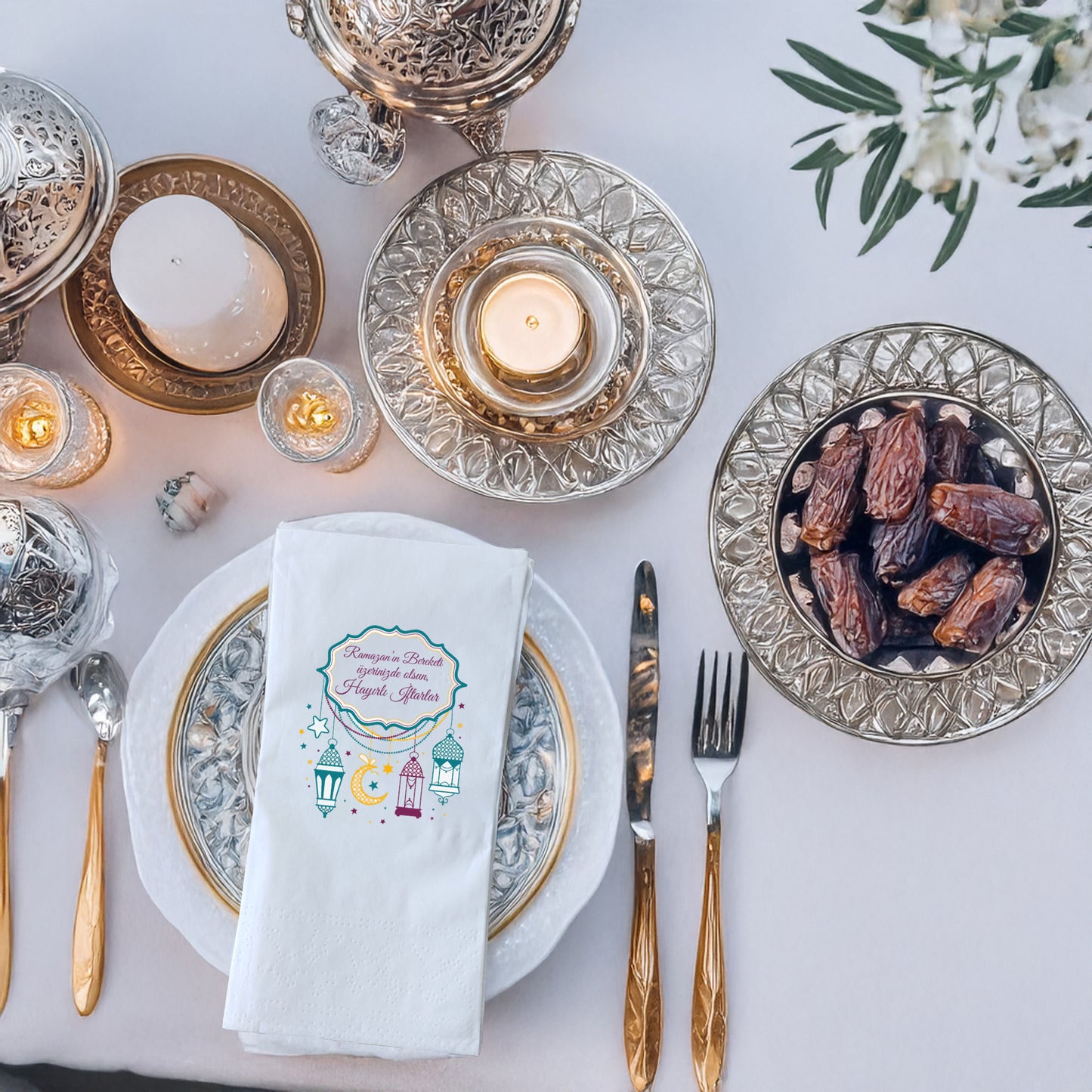 Kidzia Fenerli & Ay-Yıldızlı Çerçeve Ramazan Peçetesi – Yazılı Tasarım, 33x33 cm Çift Katlı, 20’li Paket