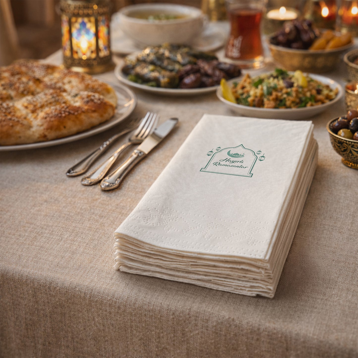 Ramazan Desenli Baskılı Peçete – Hayırlı Ramazanlar Yazılı, Çift Katlı 33x33 cm (20’li Paket)