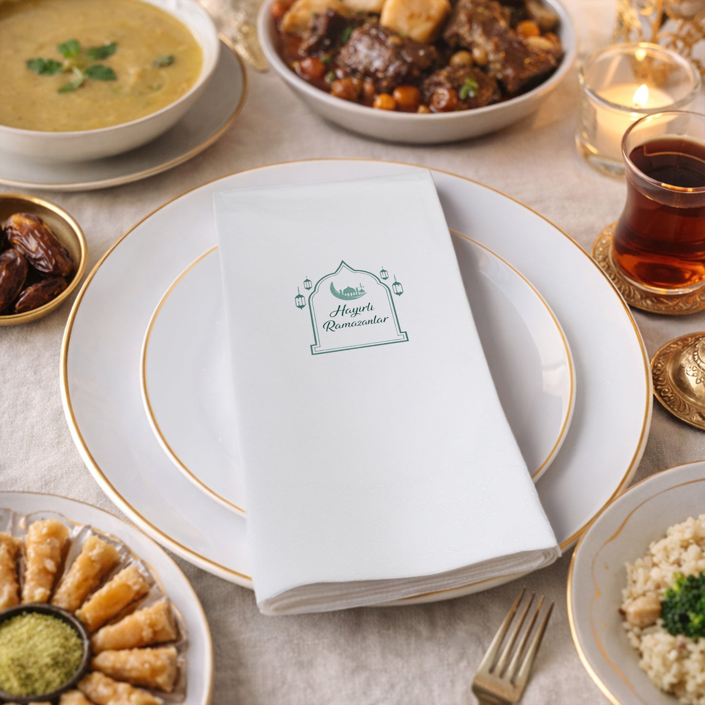 Ramazan Desenli Baskılı Peçete – Hayırlı Ramazanlar Yazılı, Çift Katlı 33x33 cm (20’li Paket)