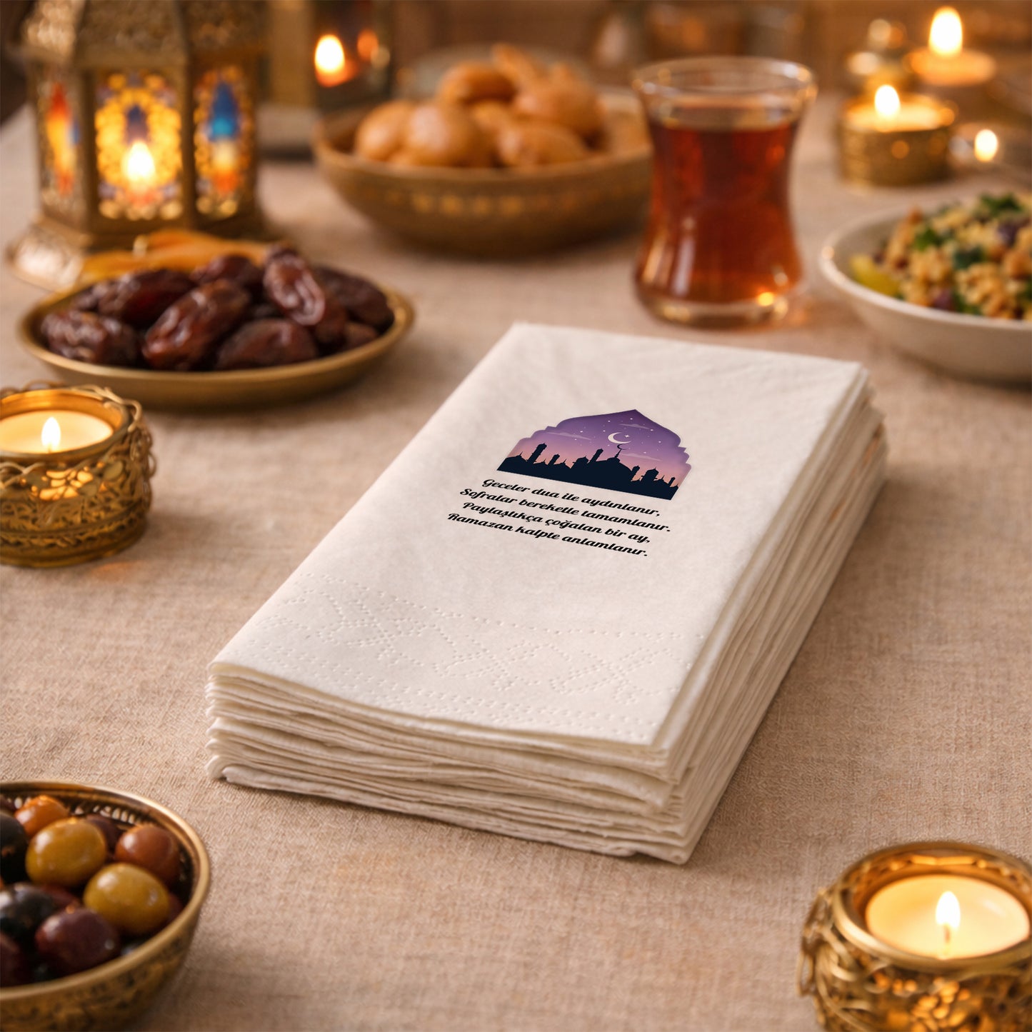 Ramazan Desenli Baskılı Peçete – Dua ve Bereket Temalı | 33x33 cm Çift Katlı