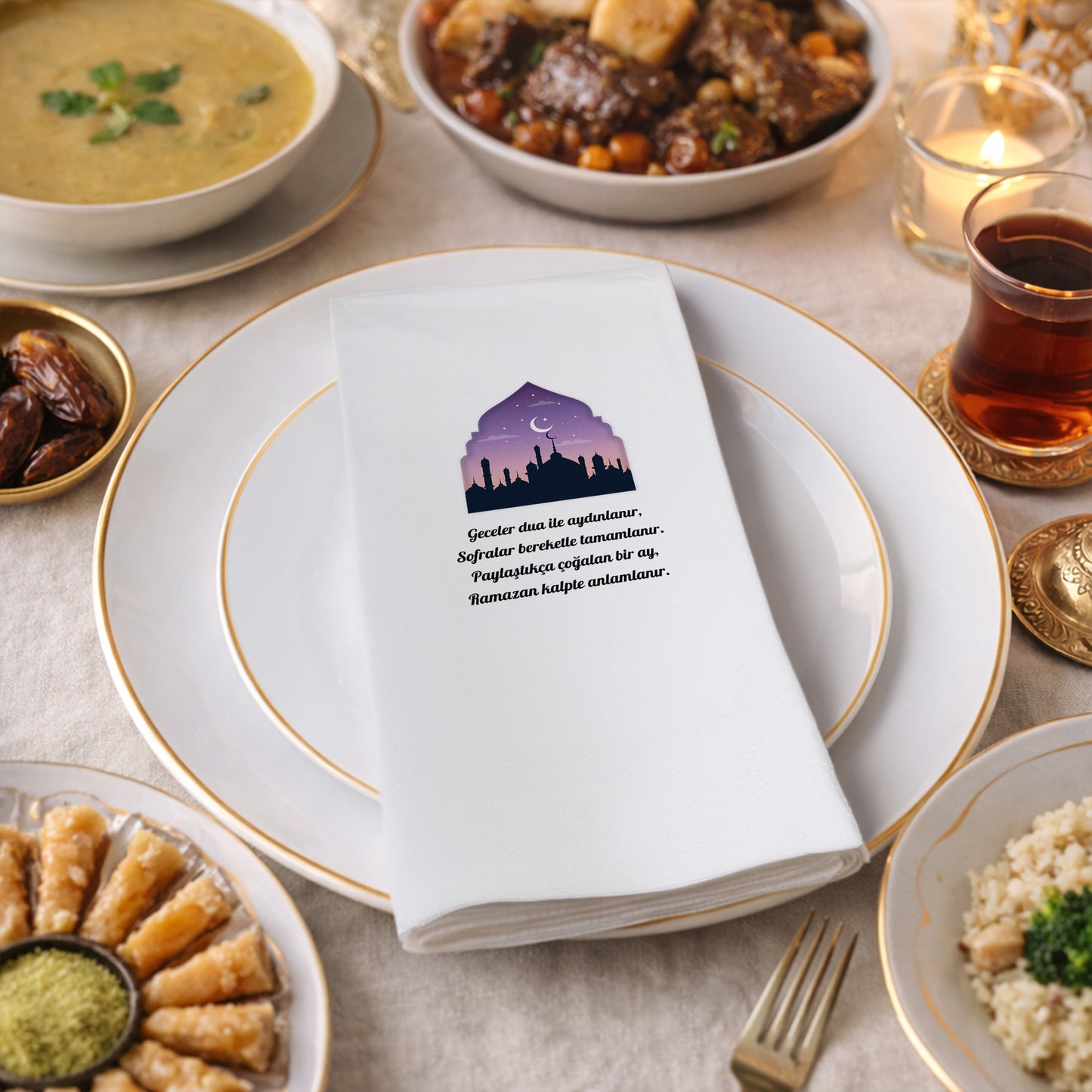 Ramazan Desenli Baskılı Peçete – Dua ve Bereket Temalı | 33x33 cm Çift Katlı