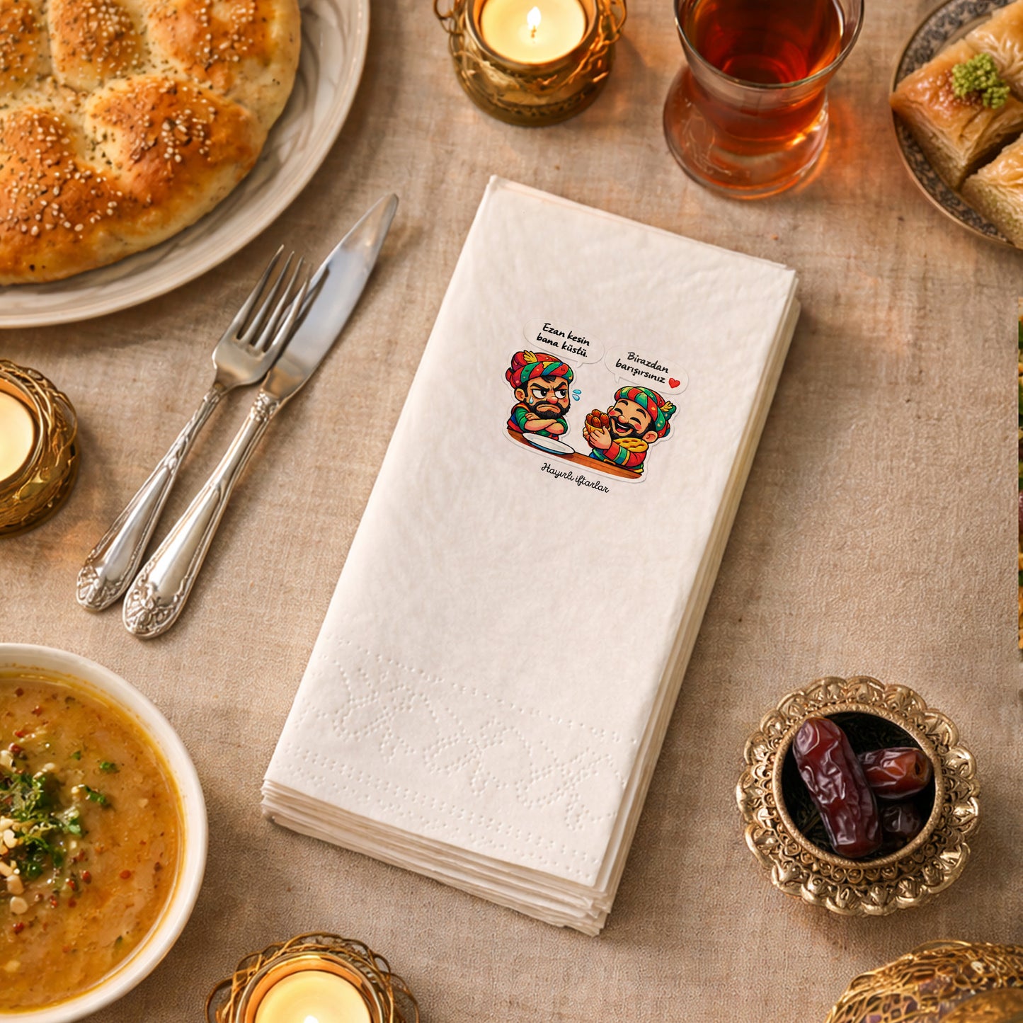 Eğlenceli Ramazan Desenli Baskılı Peçete – Karagöz Hacivat Temalı | 33x33 cm
