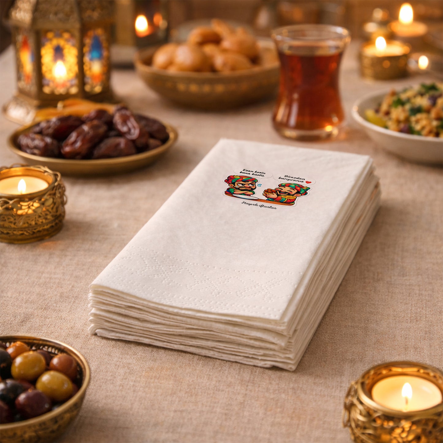 Eğlenceli Ramazan Desenli Baskılı Peçete – Karagöz Hacivat Temalı | 33x33 cm