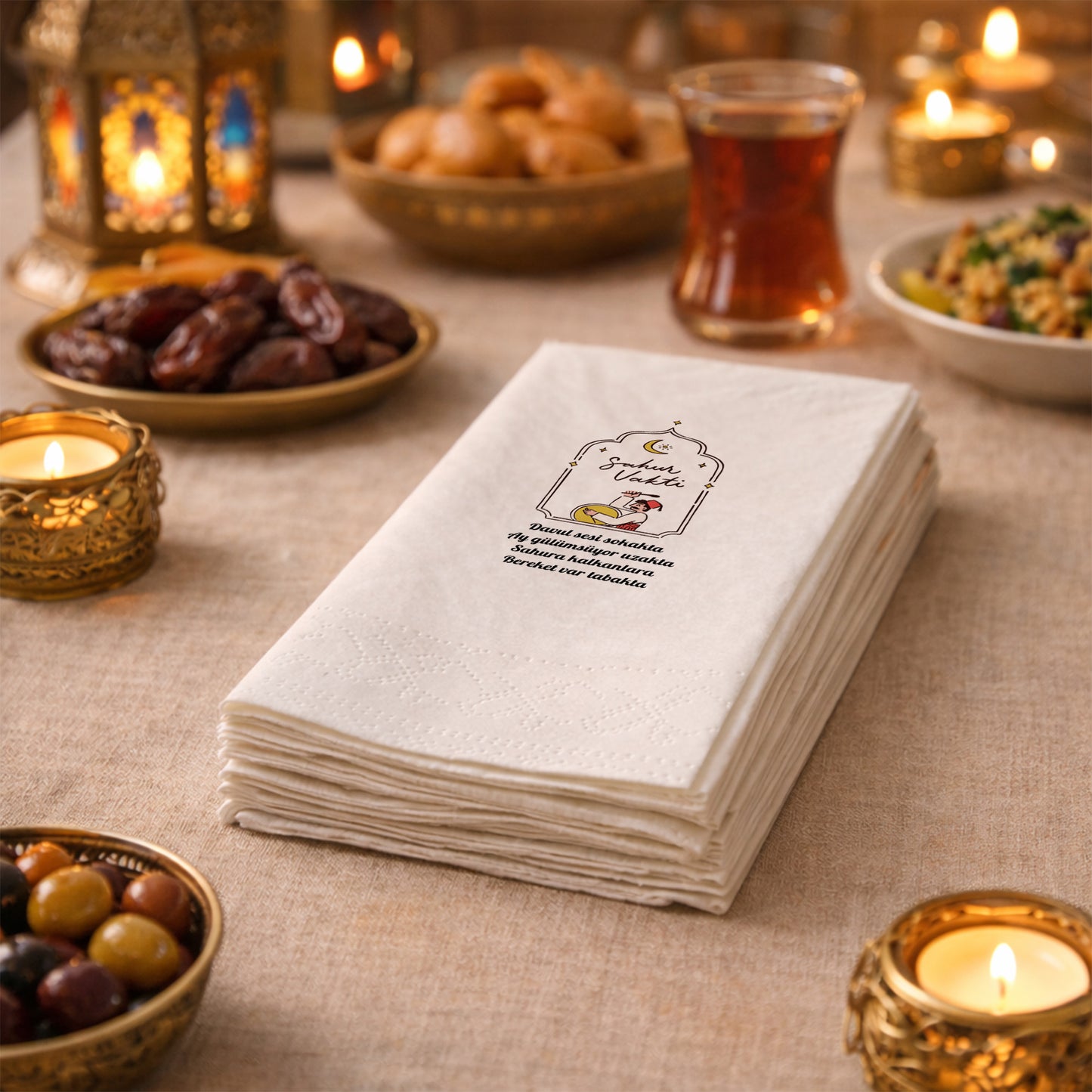 Sahur Vakti Ramazan Desenli Baskılı Peçete – Davulcu Manili | 33x33 cm Çift Katlı