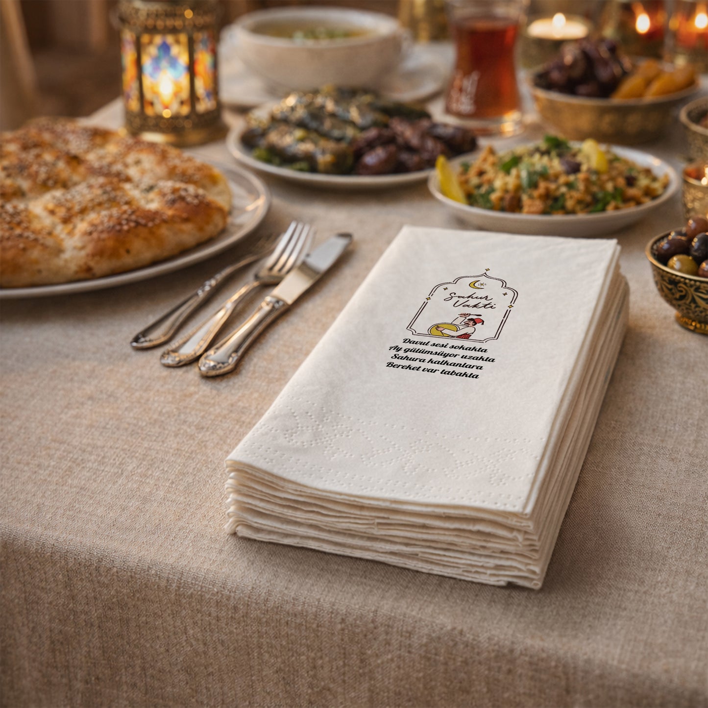 Sahur Vakti Ramazan Desenli Baskılı Peçete – Davulcu Manili | 33x33 cm Çift Katlı