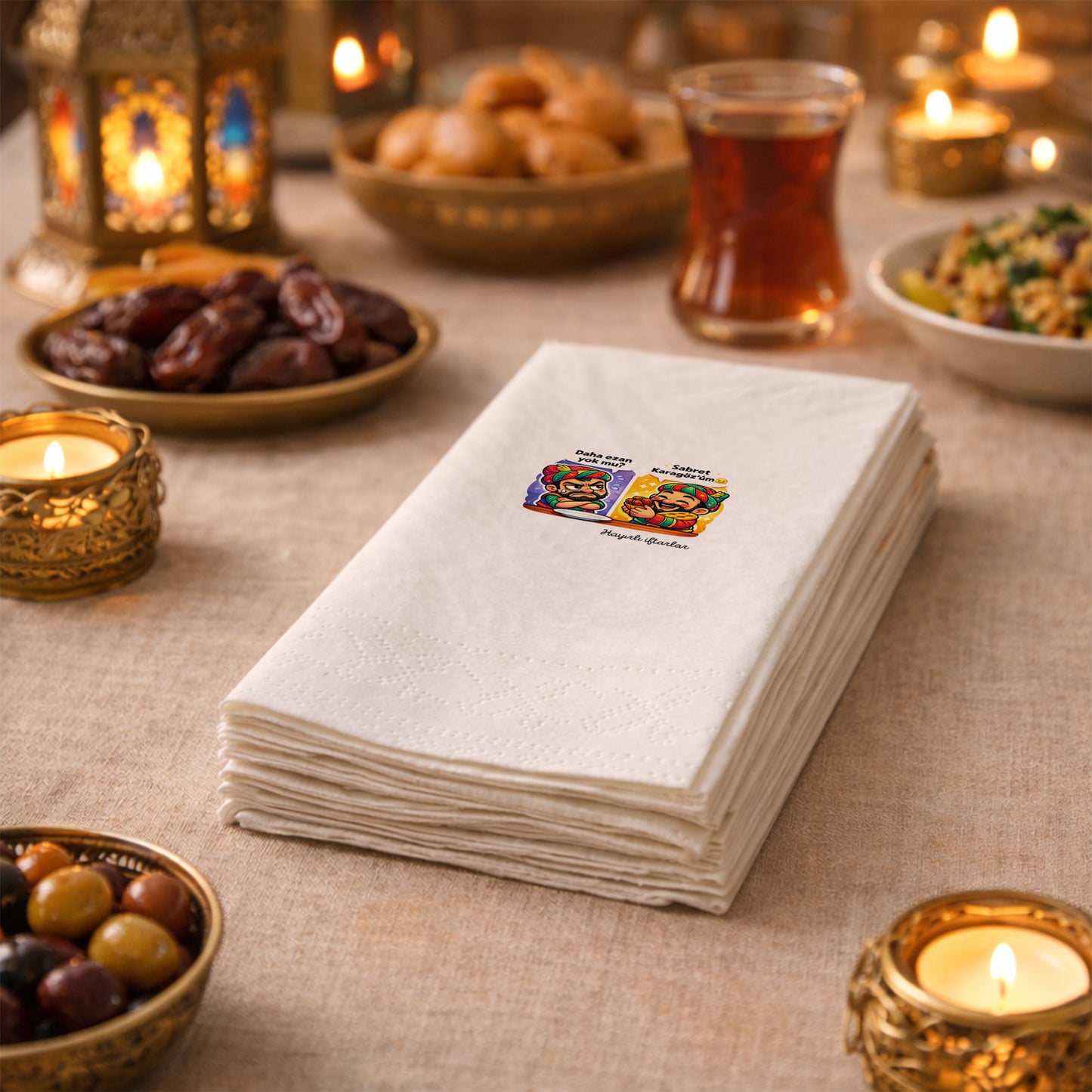 Komik Ramazan Desenli Baskılı Peçete – Karagöz & Hacivat Diyaloglu | 33x33 cm