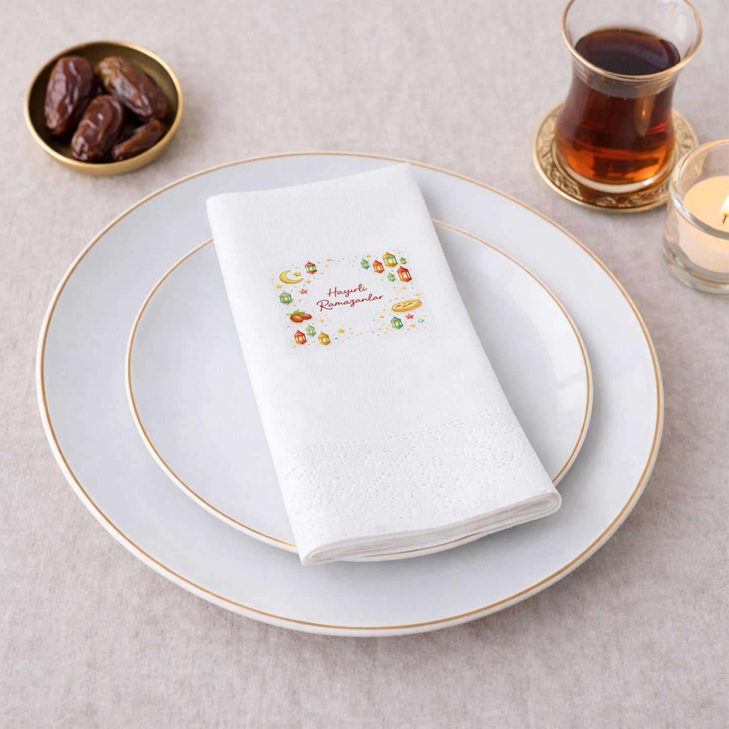 Hayırlı Ramazanlar Baskılı Peçete – Fener & Hilal Desenli | 33x33 cm Çift Katlı