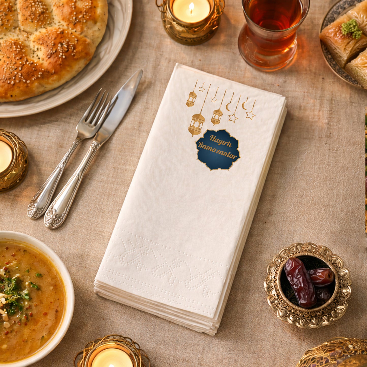 Hayırlı Ramazanlar Baskılı Peçete – Altın Fener Desenli Premium Tasarım | 33x33 cm