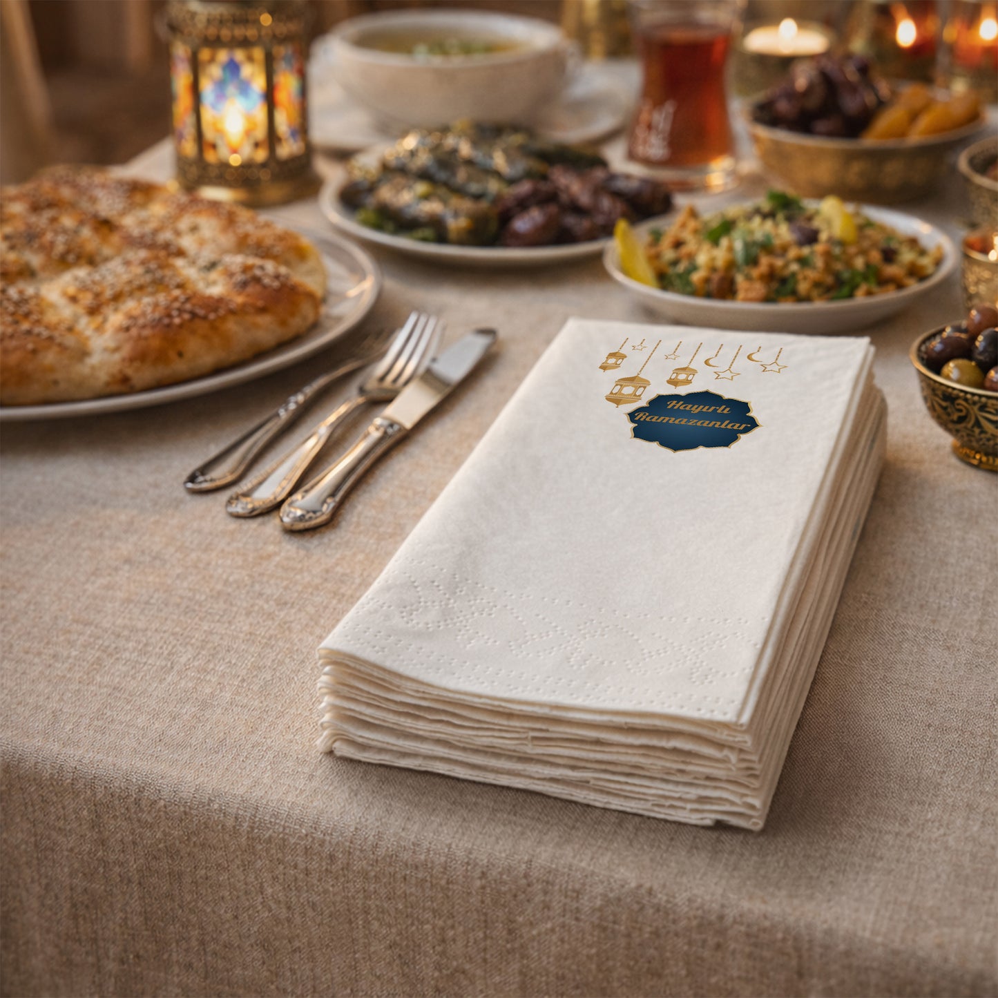 Hayırlı Ramazanlar Baskılı Peçete – Altın Fener Desenli Premium Tasarım | 33x33 cm