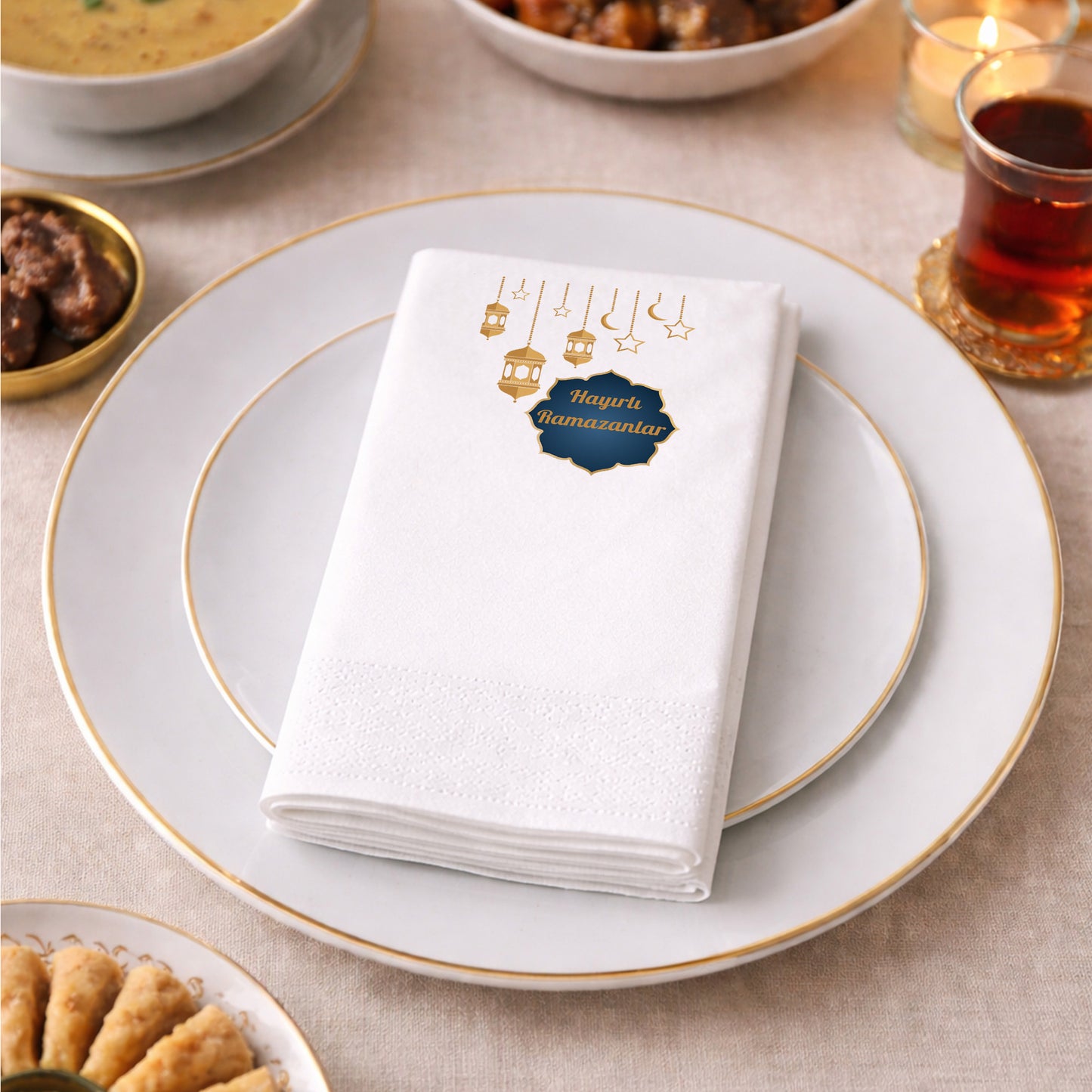 Hayırlı Ramazanlar Baskılı Peçete – Altın Fener Desenli Premium Tasarım | 33x33 cm