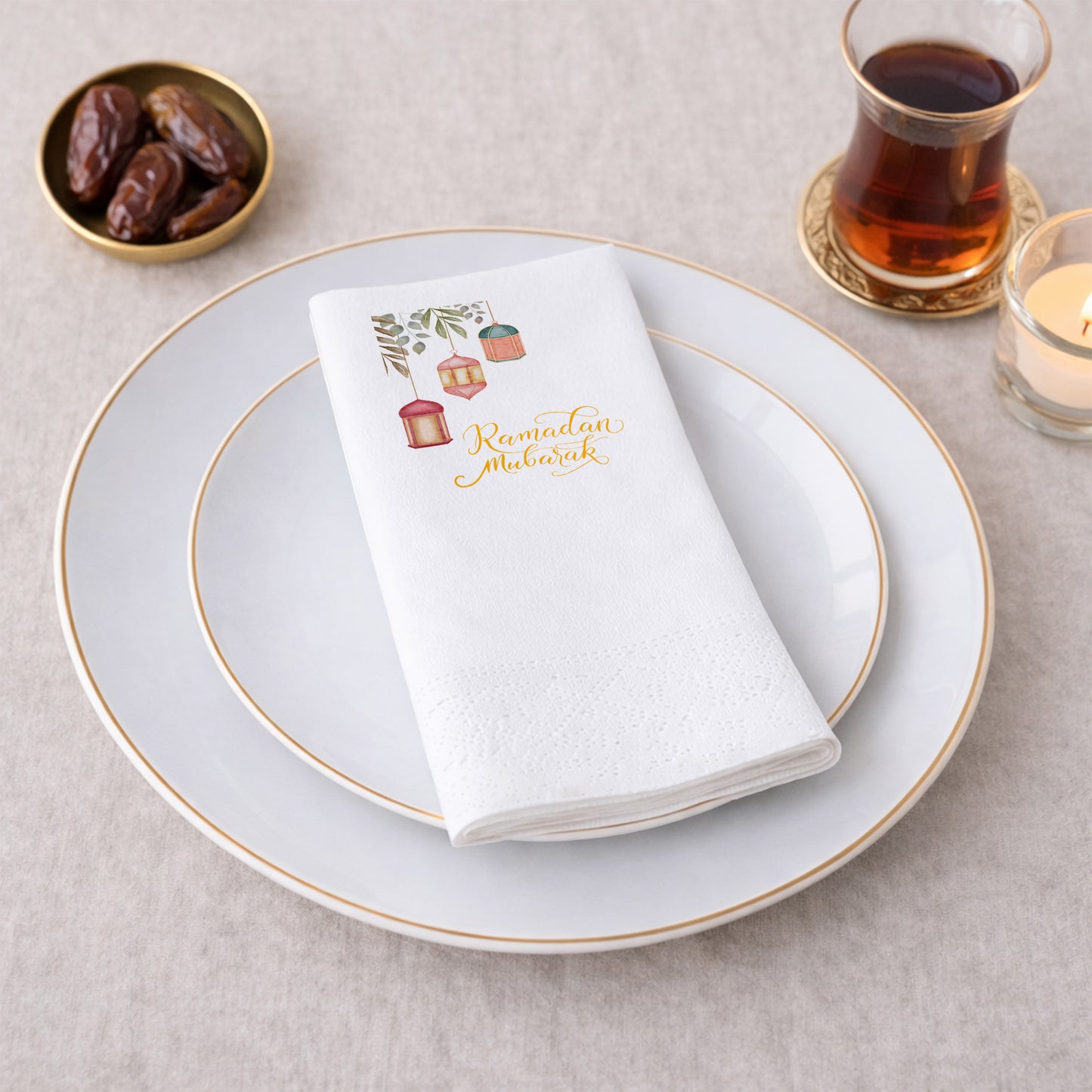 Ramadan Mubarak Baskılı Peçete – Suluboya Fener Desenli | 33x33 cm Çift Katlı