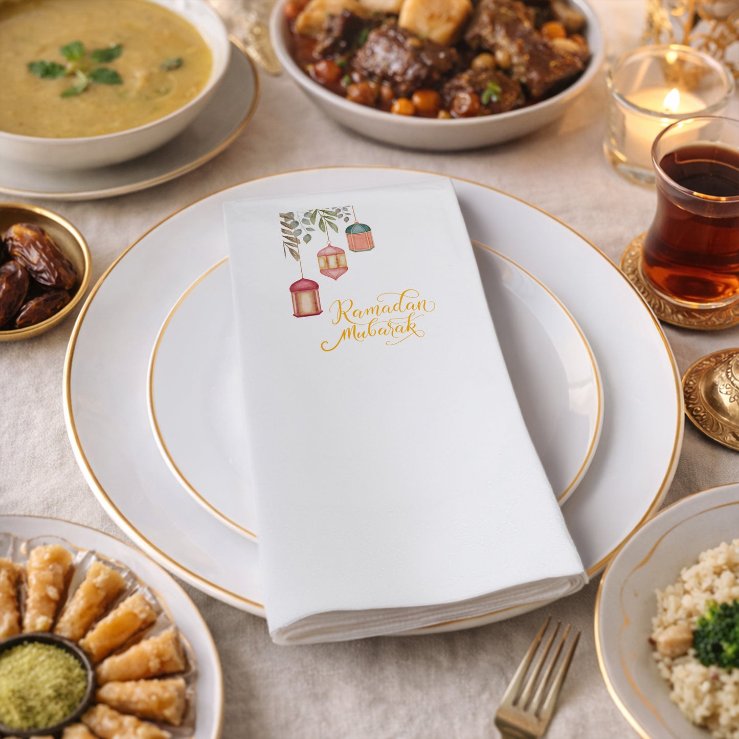 Ramadan Mubarak Baskılı Peçete – Suluboya Fener Desenli | 33x33 cm Çift Katlı