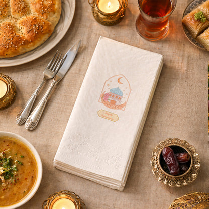 Hayırlı Ramazanlar Baskılı Peçete – Pastel Cami & Hilal Desenli | 33x33 cm