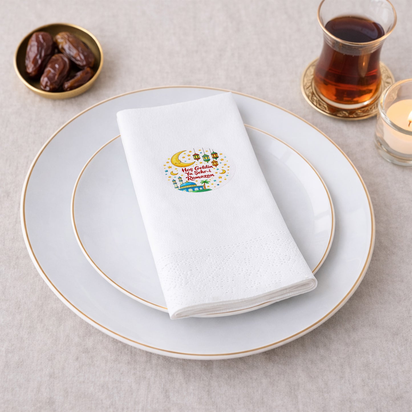 Hoş Geldin Ya Şehr-i Ramazan Baskılı Peçete – Cami & Hilal Desenli | 33x33 cm