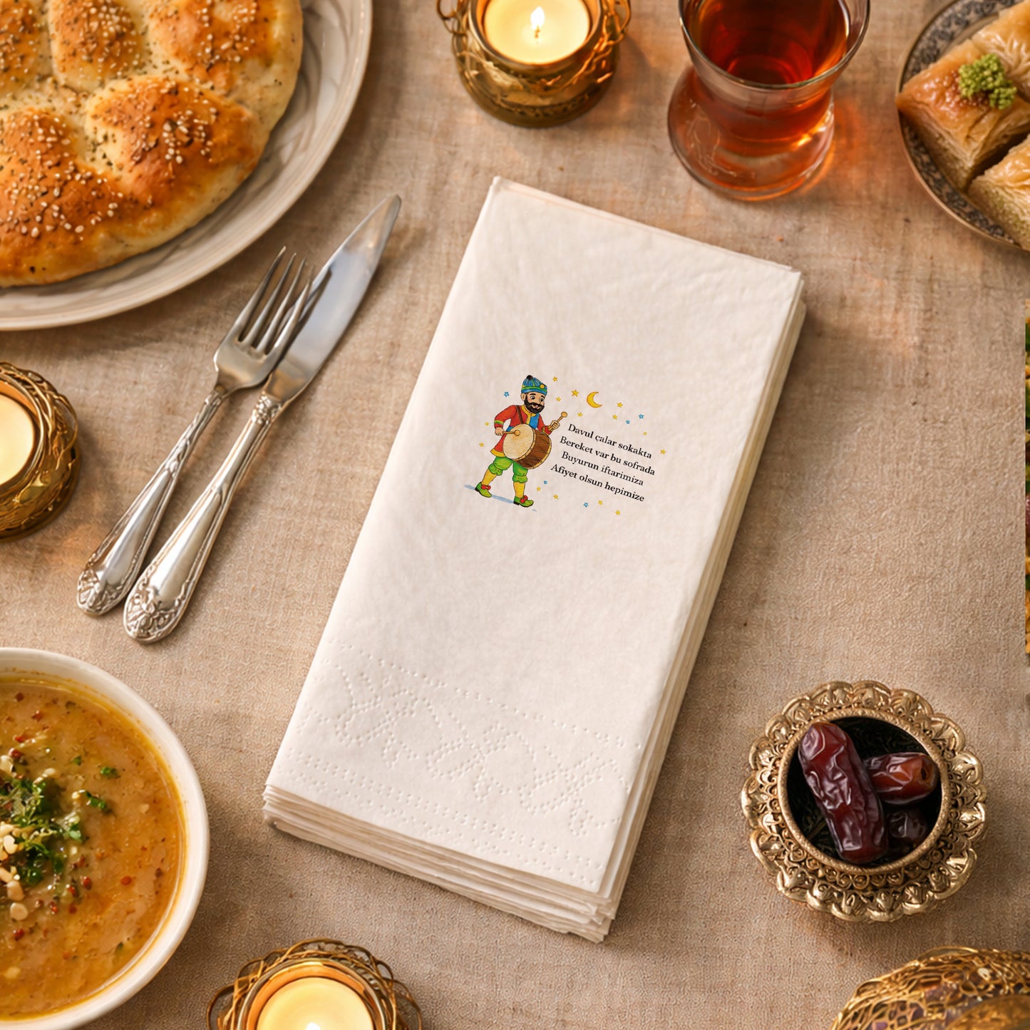 Davulcu Figürlü Ramazan Baskılı Peçete – Bereket ve Dua Temalı | 33x33 cm