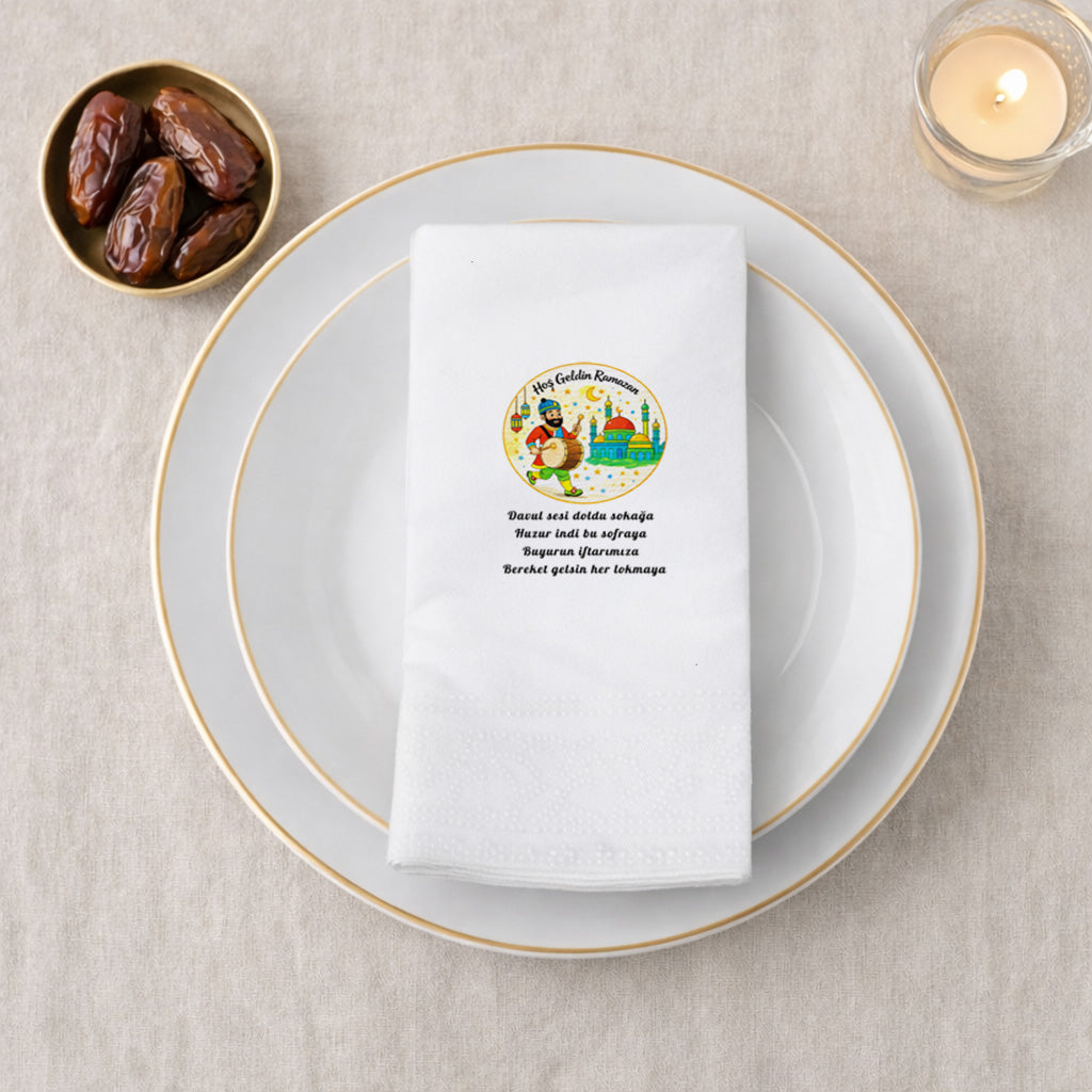 Hoş Geldin Ramazan Davulcu Desenli Baskılı Peçete – Bereket Temalı | 33x33 cm