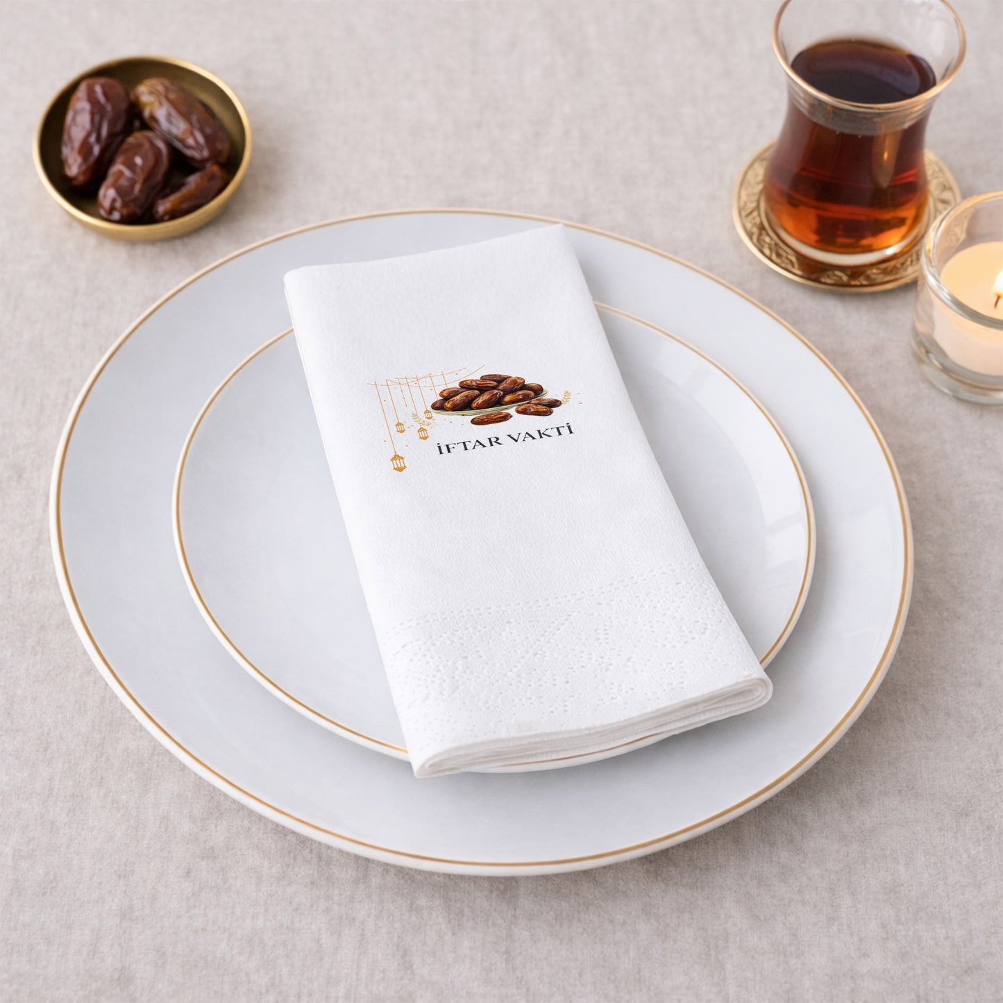 İftar Vakti Hurma Desenli Baskılı Peçete – Minimal Ramazan Tasarımı | 33x33 cm