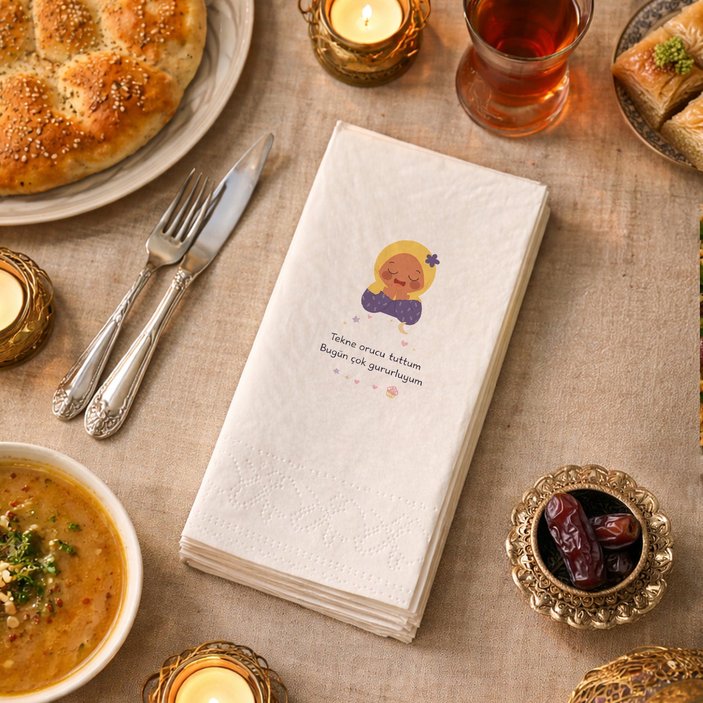 Tekne Orucu Tuttum Yazılı Çocuk Ramazan Peçetesi | Sevimli Kız Figürlü 33x33 cm