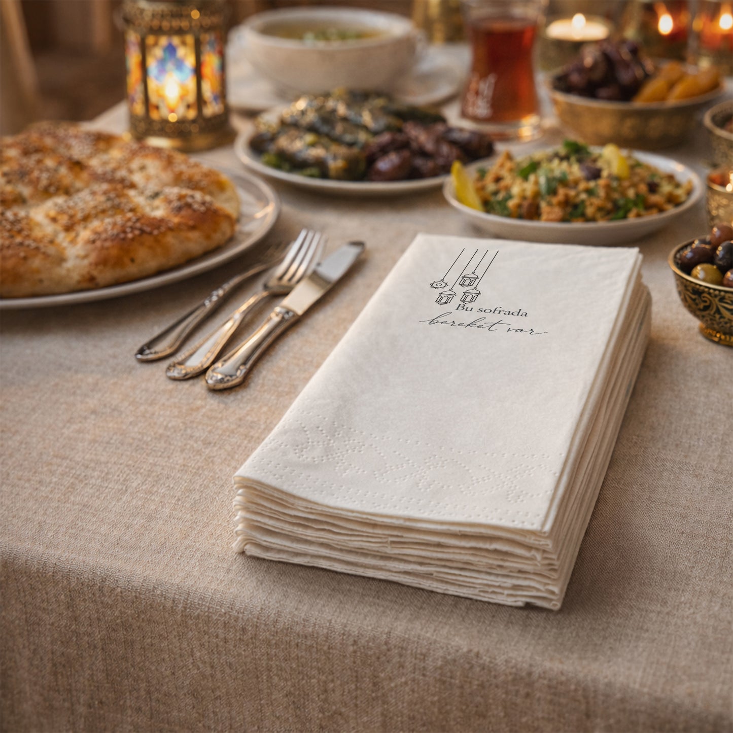 Ramazan Desenli Baskılı Peçete – Minimal Fener Tasarımlı | Bu Sofrada Bereket Var | 33x33 cm