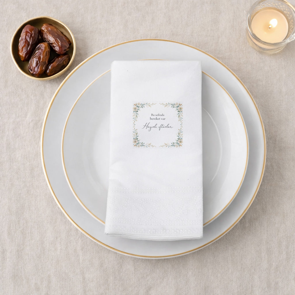 Ramazan Desenli Baskılı Peçete – Floral Çerçeveli | Hayırlı İftarlar | 33x33 cm Çift Katlı