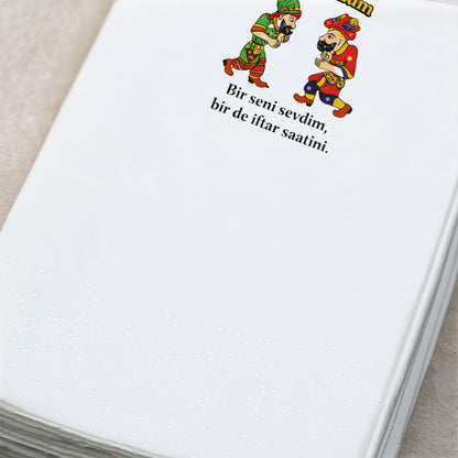 Karagöz & Hacivat Temalı Ramazan Baskılı Peçete | Bir Seni Sevdim Bir de İftar Saatini | 33x33 cm