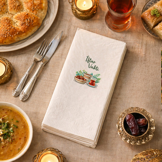 Ramazan Desenli Baskılı Peçete – İftar Vakti | Hurma & Çay Temalı | 33x33 cm