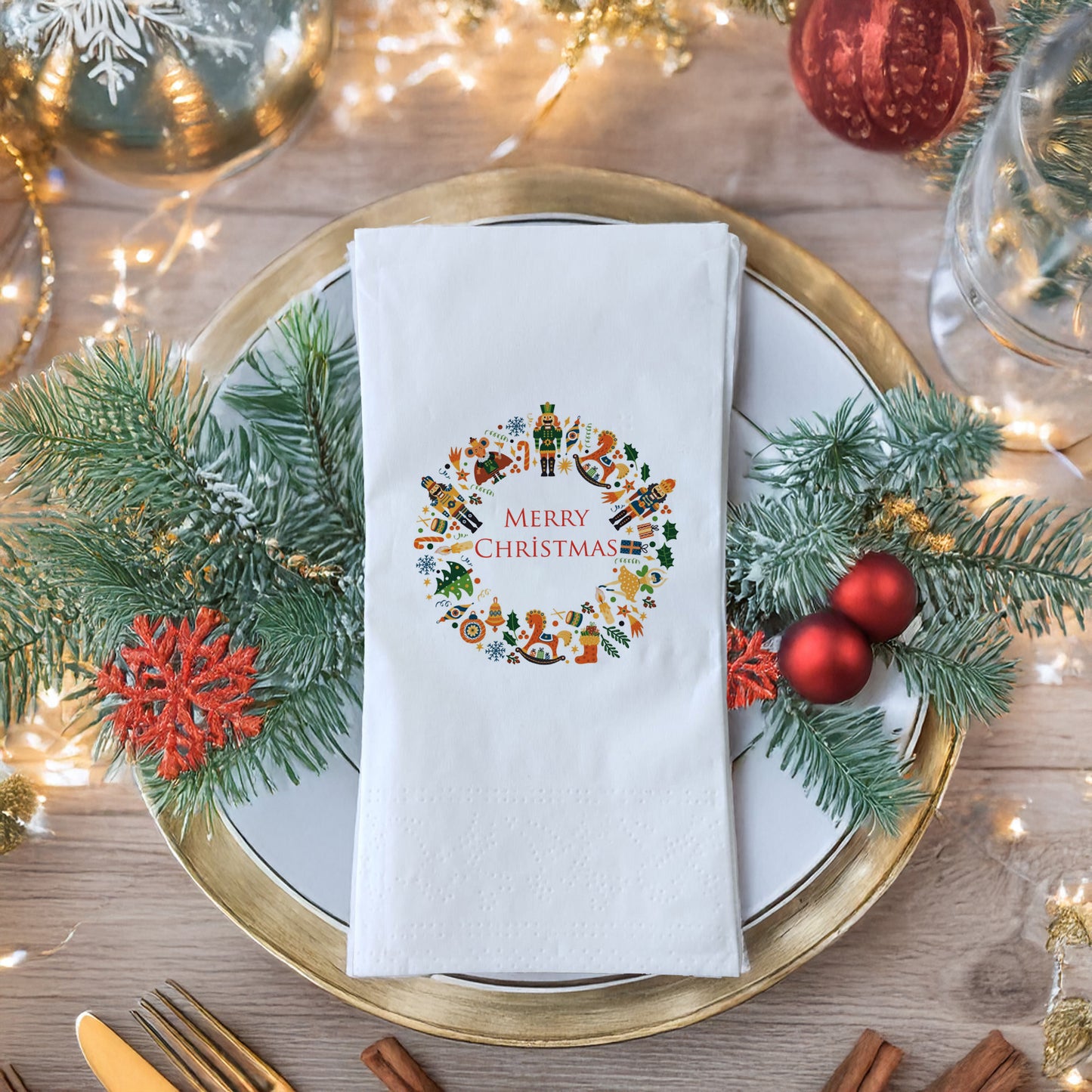 Merry Christmas Yılbaşı Temalı Baskılı Peçete – Çelenk Desen, 33x33 cm Çift Katlı, 20’li Paket