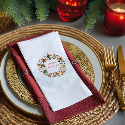 Merry Christmas Yılbaşı Temalı Baskılı Peçete – Çelenk Desen, 33x33 cm Çift Katlı, 20’li Paket