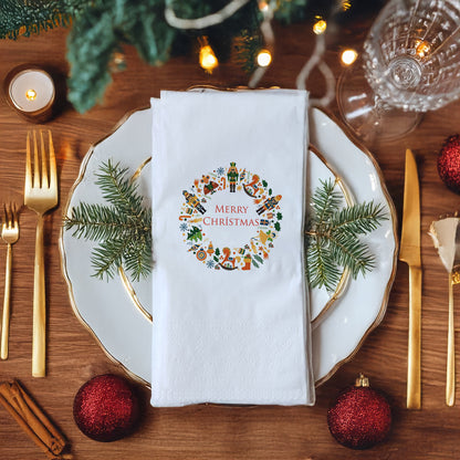 Merry Christmas Yılbaşı Temalı Baskılı Peçete – Çelenk Desen, 33x33 cm Çift Katlı, 20’li Paket