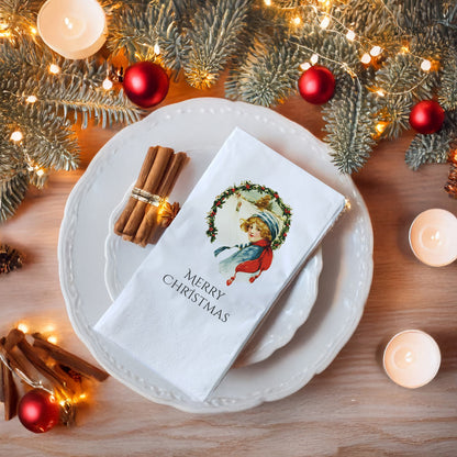 Vintage Merry Christmas Kız Figürlü Baskılı Peçete – Çelenk Desen, 33x33 cm Çift Katlı, 20’li Paket