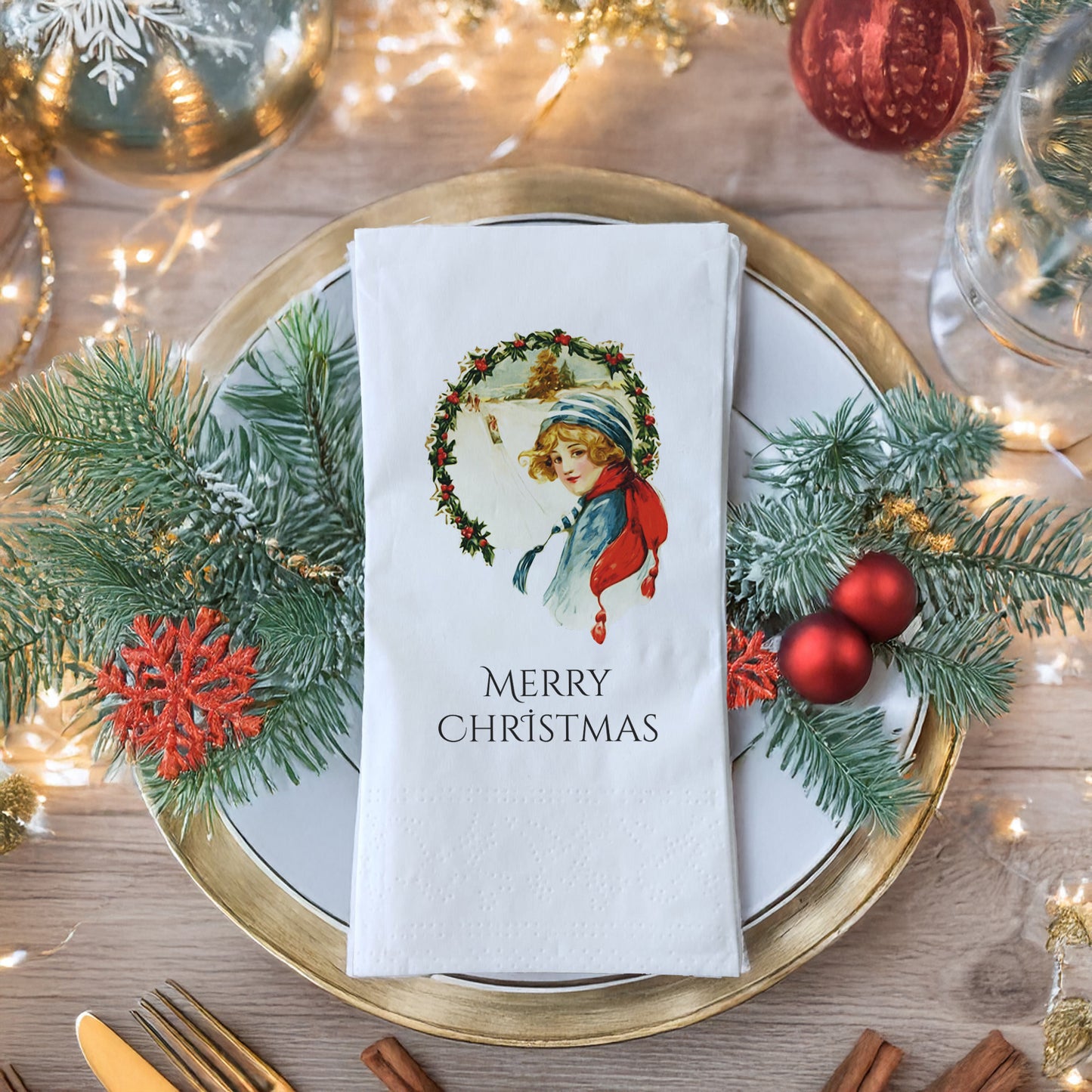 Vintage Merry Christmas Kız Figürlü Baskılı Peçete – Çelenk Desen, 33x33 cm Çift Katlı, 20’li Paket