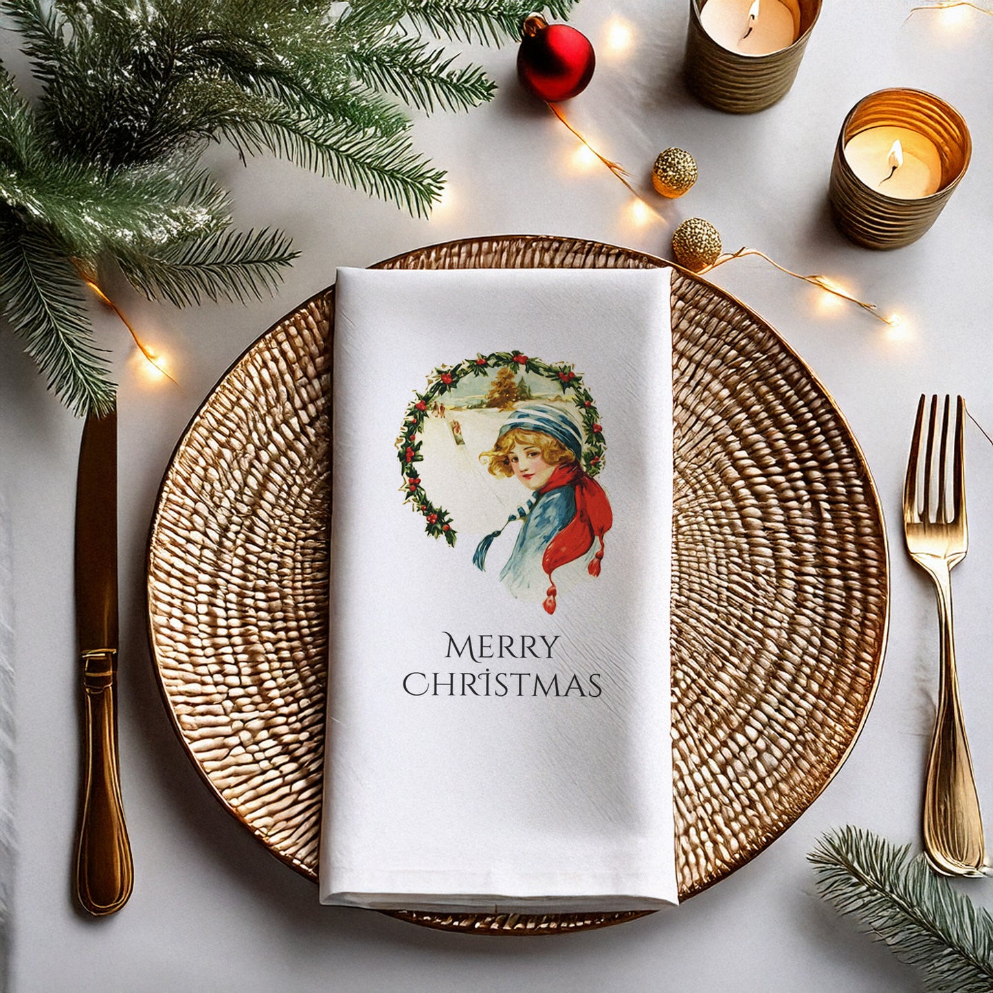 Vintage Merry Christmas Kız Figürlü Baskılı Peçete – Çelenk Desen, 33x33 cm Çift Katlı, 20’li Paket