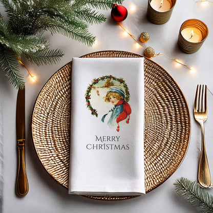 Vintage Merry Christmas Kız Figürlü Baskılı Peçete – Çelenk Desen, 33x33 cm Çift Katlı, 20’li Paket