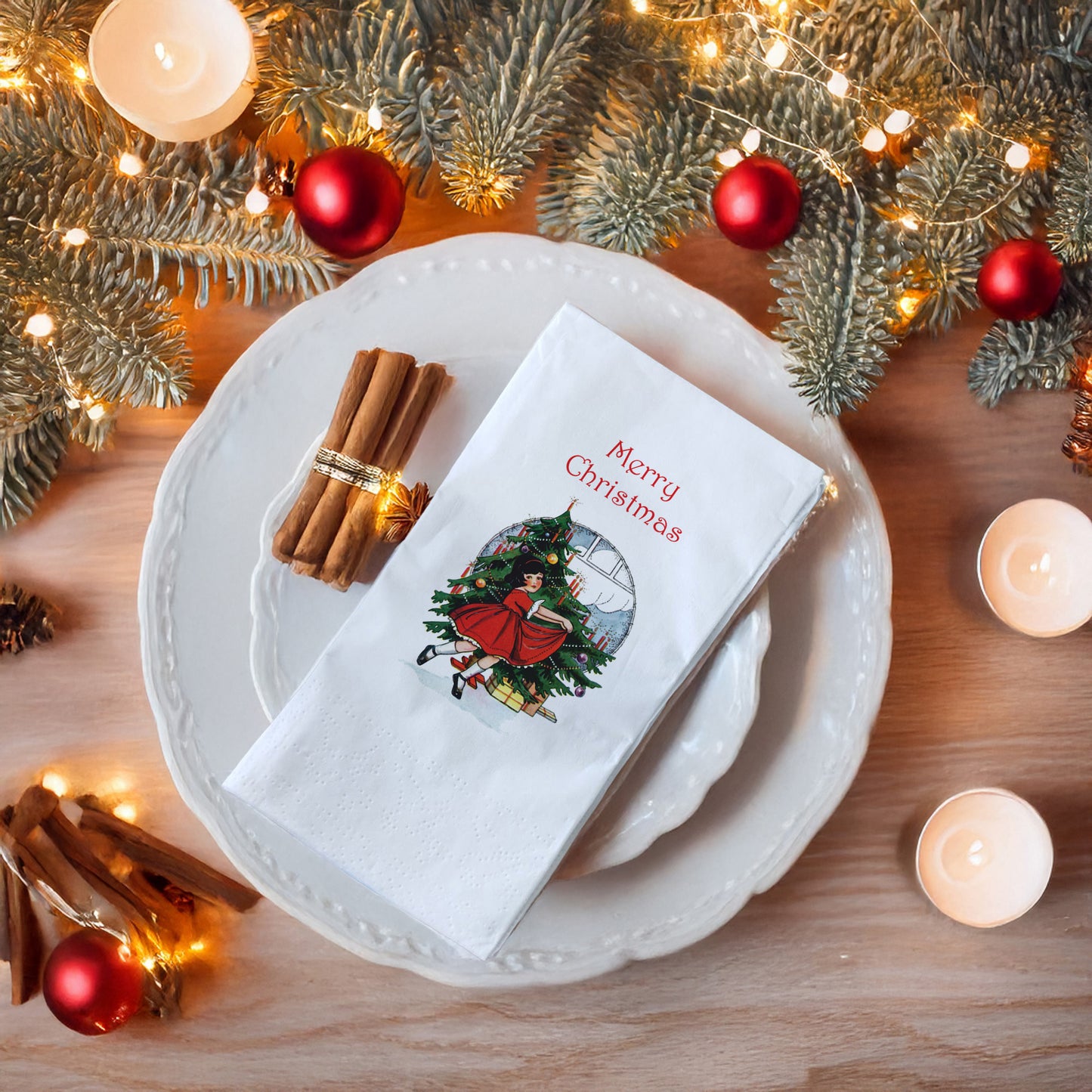 Vintage Christmas Kız ve Ağaç Baskılı Merry Christmas Peçete – 33x33 cm Çift Katlı, 20’li Paket