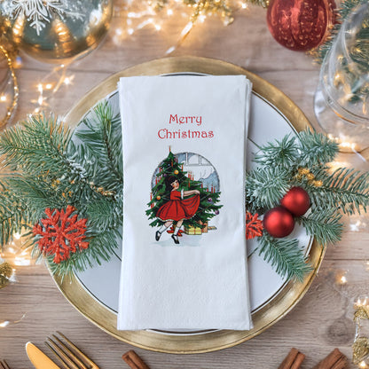 Vintage Christmas Kız ve Ağaç Baskılı Merry Christmas Peçete – 33x33 cm Çift Katlı, 20’li Paket