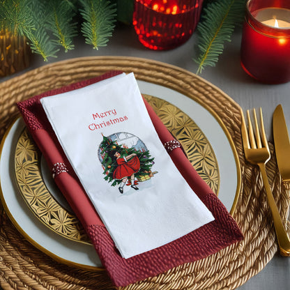 Vintage Christmas Kız ve Ağaç Baskılı Merry Christmas Peçete – 33x33 cm Çift Katlı, 20’li Paket