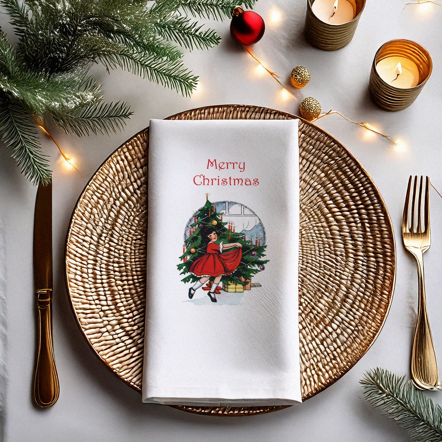 Vintage Christmas Kız ve Ağaç Baskılı Merry Christmas Peçete – 33x33 cm Çift Katlı, 20’li Paket