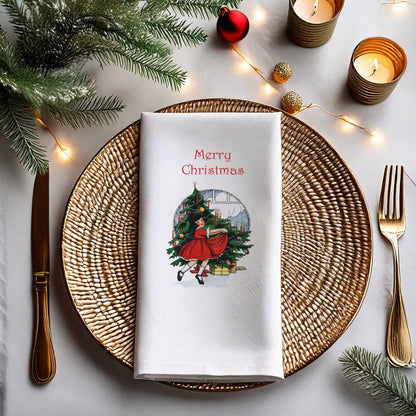 Vintage Christmas Kız ve Ağaç Baskılı Merry Christmas Peçete – 33x33 cm Çift Katlı, 20’li Paket