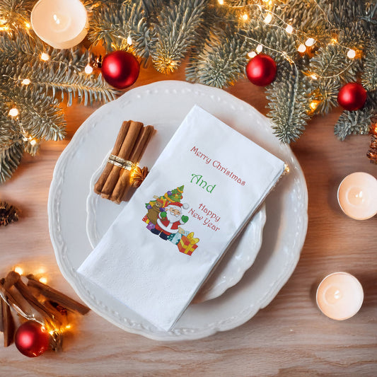 Santa Claus Merry Christmas & Happy New Year Baskılı Yılbaşı Peçetesi – 33x33 cm Çift Katlı, 20’li Paket