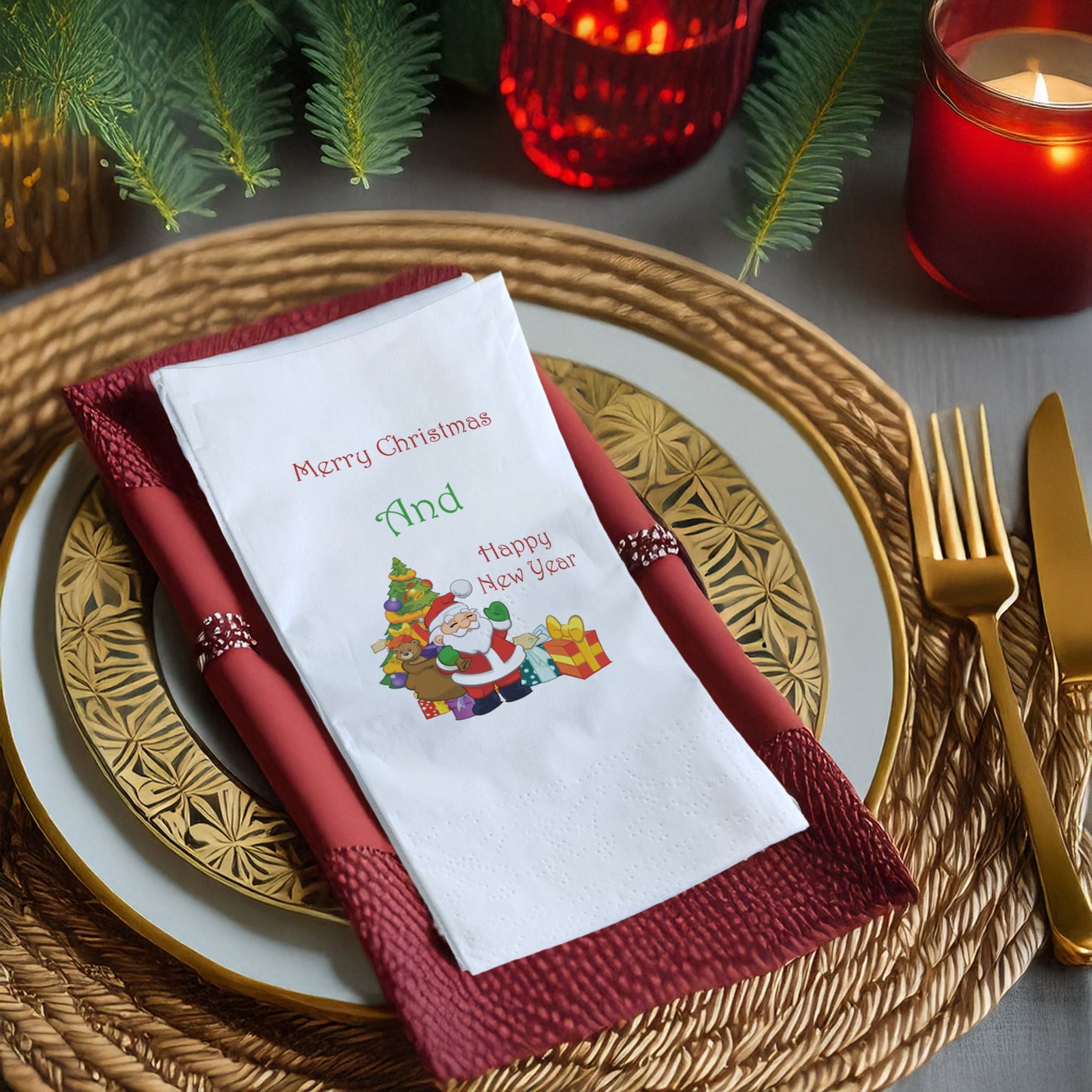 Santa Claus Merry Christmas & Happy New Year Baskılı Yılbaşı Peçetesi – 33x33 cm Çift Katlı, 20’li Paket