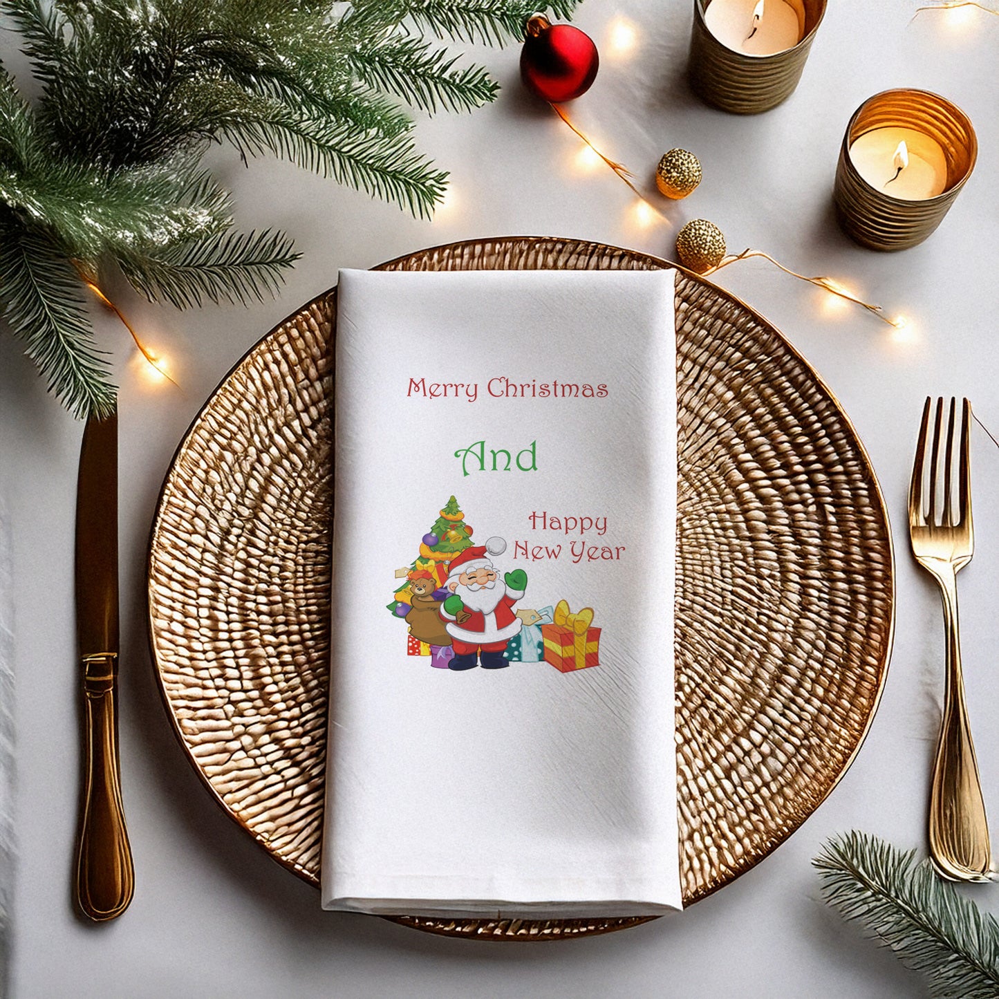 Santa Claus Merry Christmas & Happy New Year Baskılı Yılbaşı Peçetesi – 33x33 cm Çift Katlı, 20’li Paket