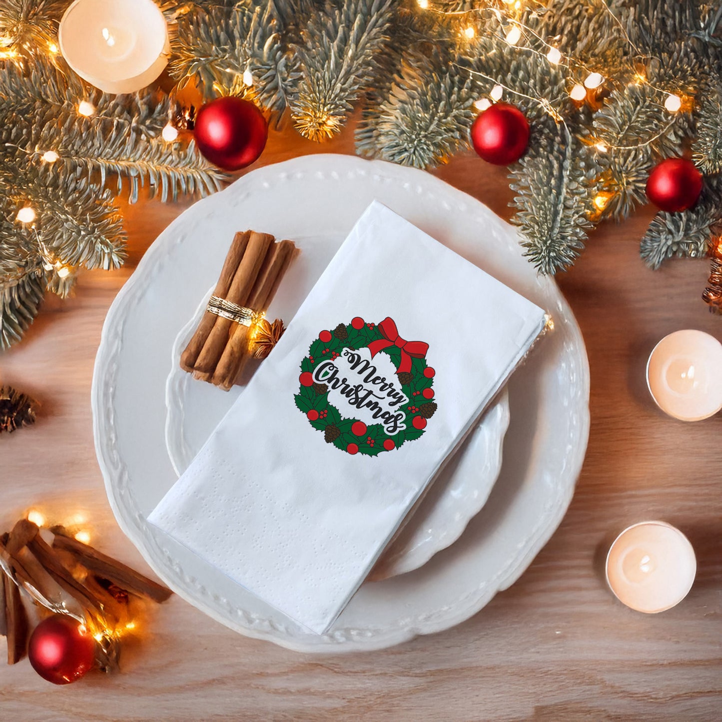 Klasik Merry Christmas Çelenk Baskılı Yılbaşı Peçetesi – 33x33 cm Çift Katlı, 20’li Paket