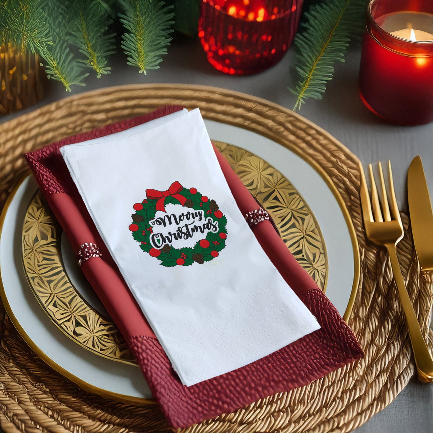 Klasik Merry Christmas Çelenk Baskılı Yılbaşı Peçetesi – 33x33 cm Çift Katlı, 20’li Paket