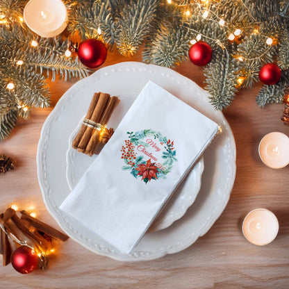 Poinsettia & Kış Çelengi Merry Christmas Baskılı Yılbaşı Peçetesi – 33x33 cm Çift Katlı, 20’li Paket