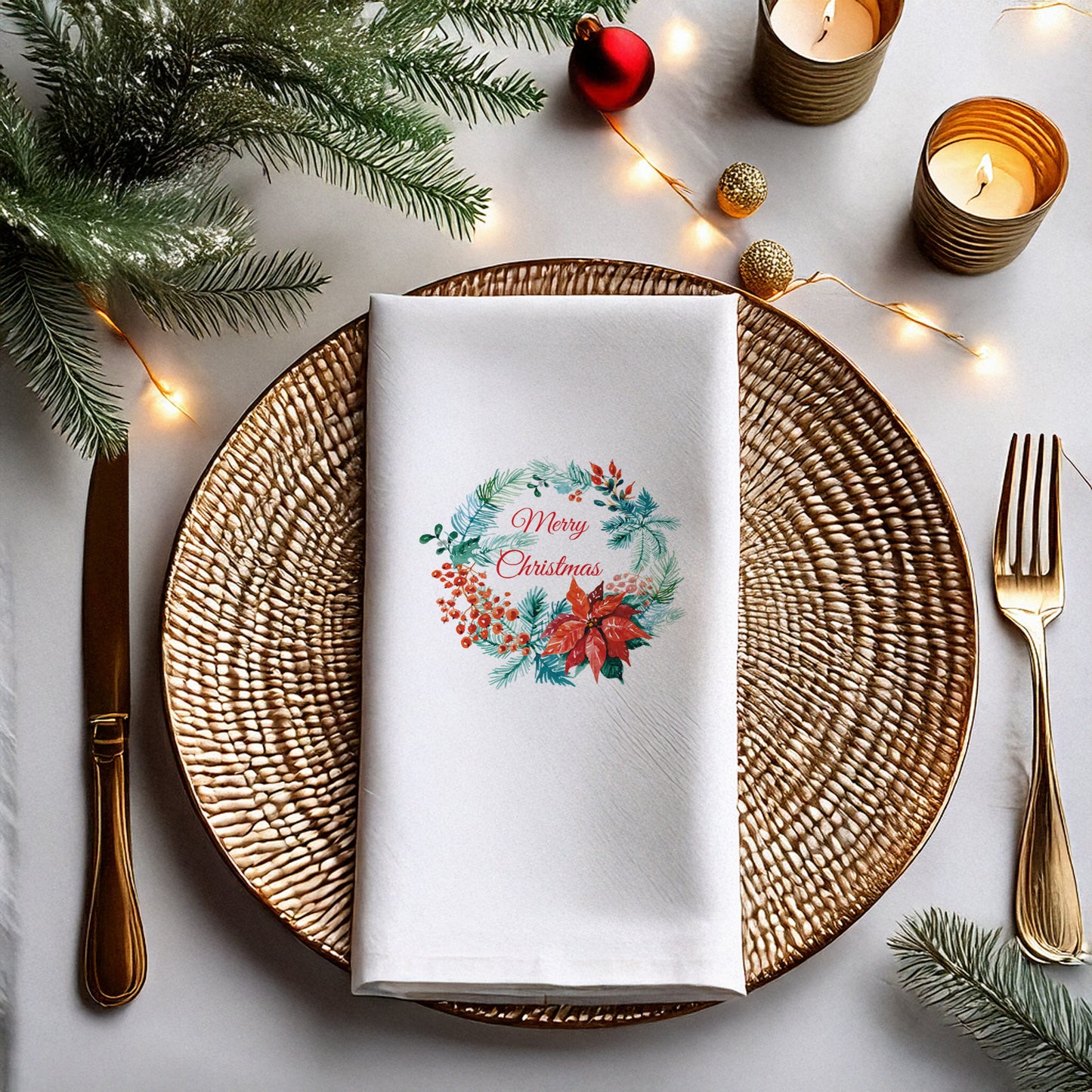 Poinsettia & Kış Çelengi Merry Christmas Baskılı Yılbaşı Peçetesi – 33x33 cm Çift Katlı, 20’li Paket