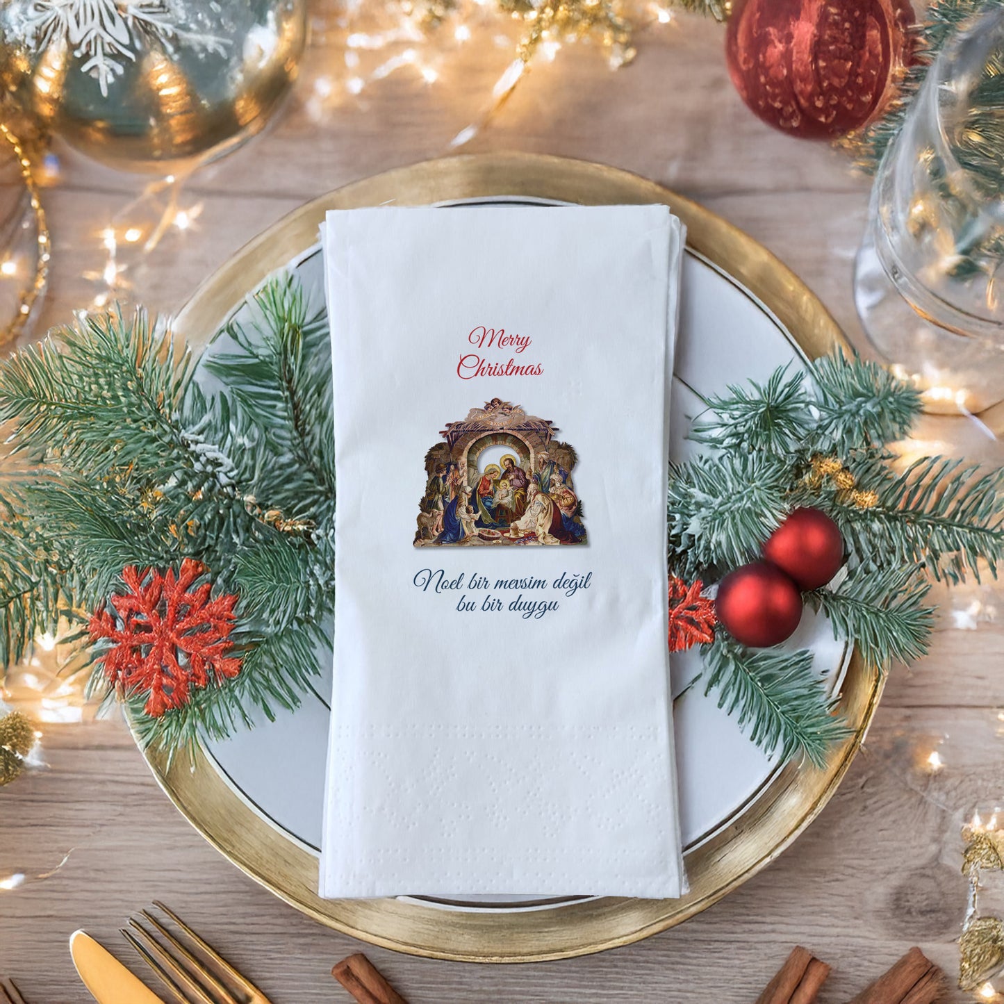 Nativity Scene Merry Christmas Peçetesi – Kutsal Doğuş İllüstrasyonlu, 33x33 cm Çift Katlı, 20’li Paket