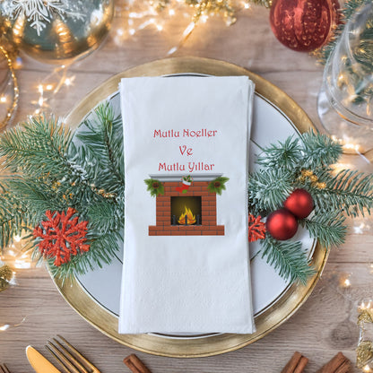 Mutlu Noeller ve Mutlu Yıllar Şömine Baskılı Yılbaşı Peçetesi – 33x33 cm Çift Katlı, 20’li Paket